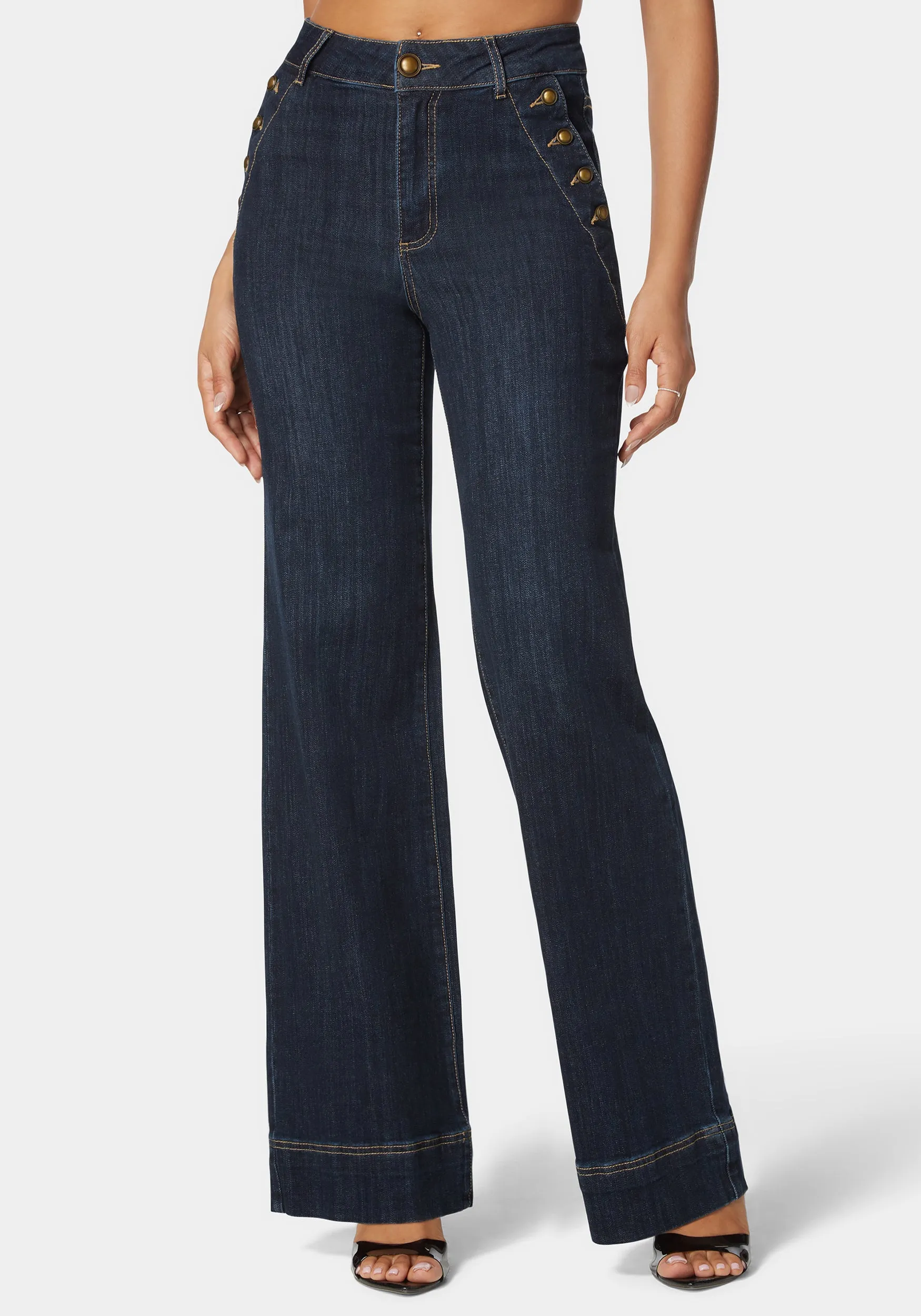 High Waist Button Detail Flared Leg Jeans sold by Bebe
