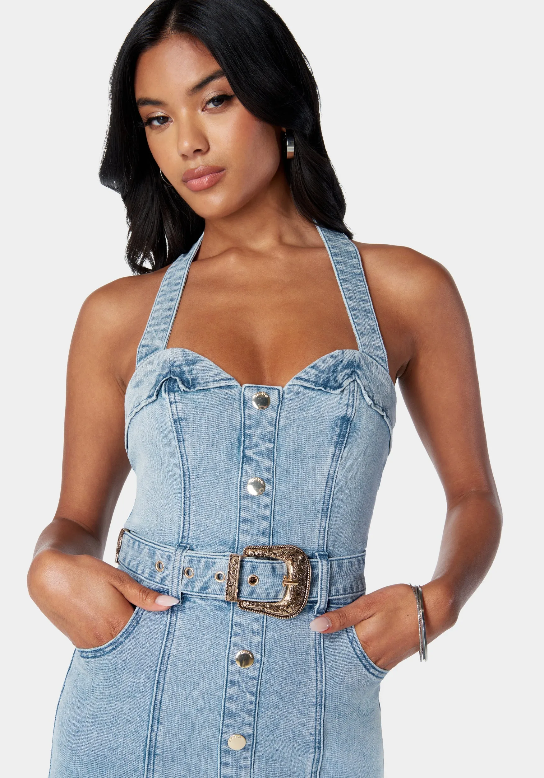 Button Down Fitted Halter Denim Dress sold by Bebe product image thumbnail 5