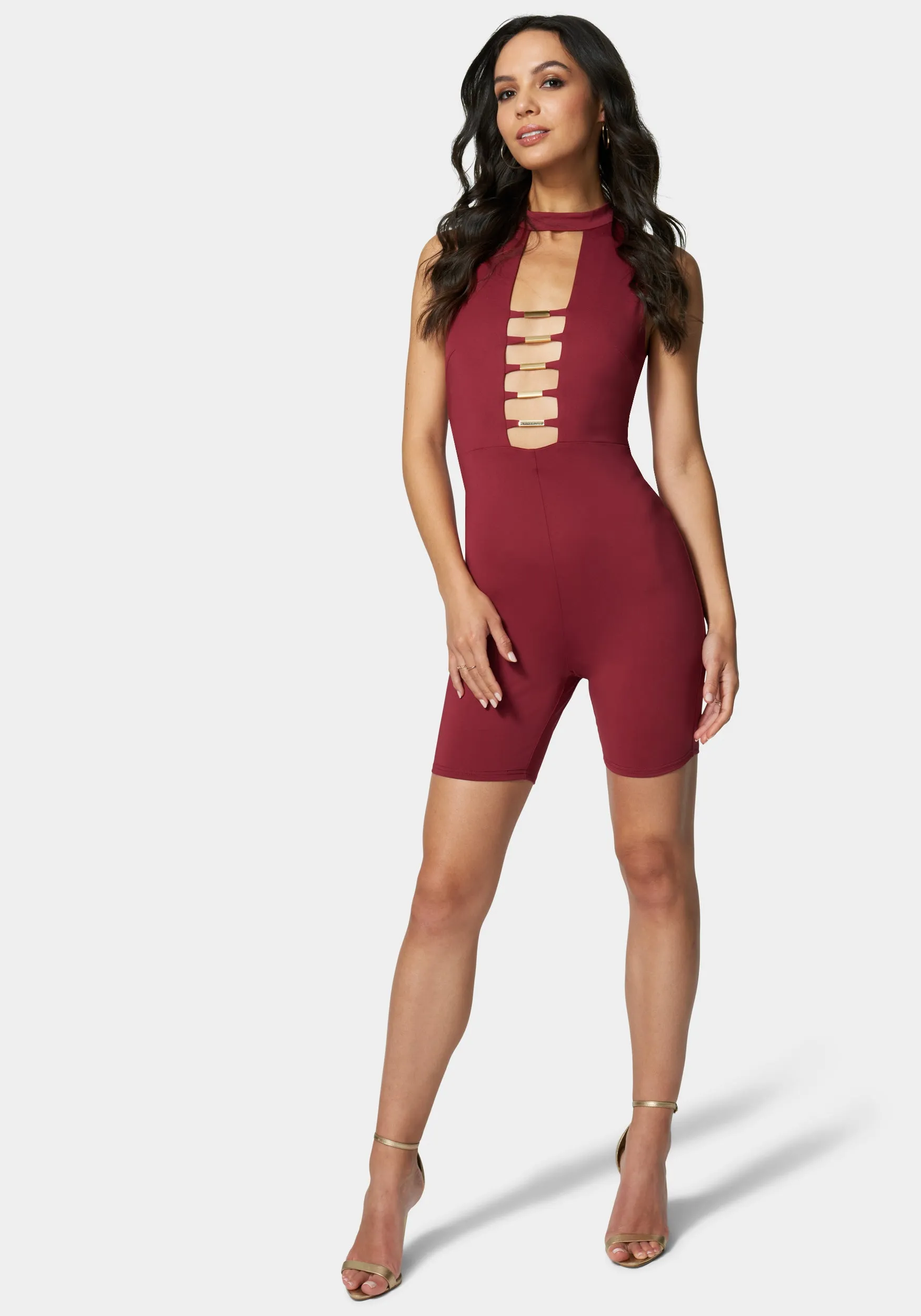 Caged Biker Short Romper sold by Bebe