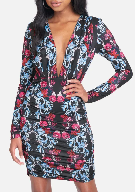 Printed V-Neck Mini Dress sold by Bebe