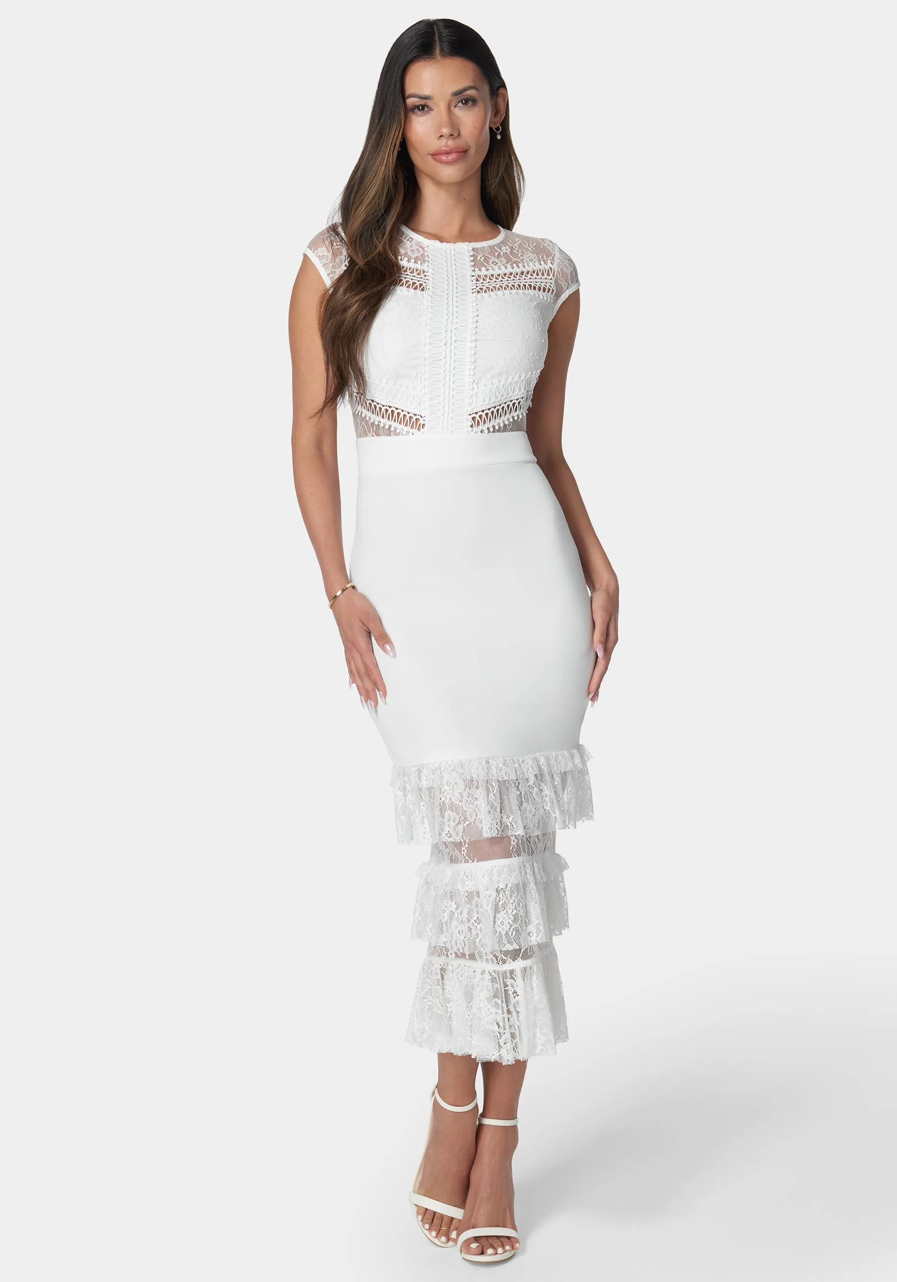 Tiered Lace Midi Dress sold by Bebe