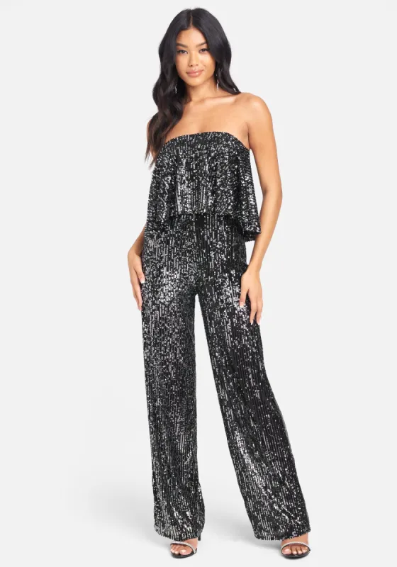 Strapless Sequin Overlay Jumpsuit sold by Bebe
