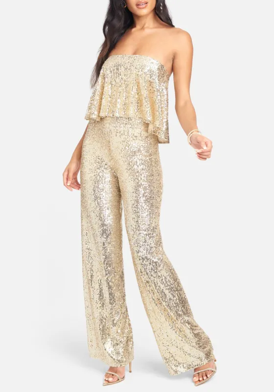 Strapless Sequin Overlay Jumpsuit sold by Bebe