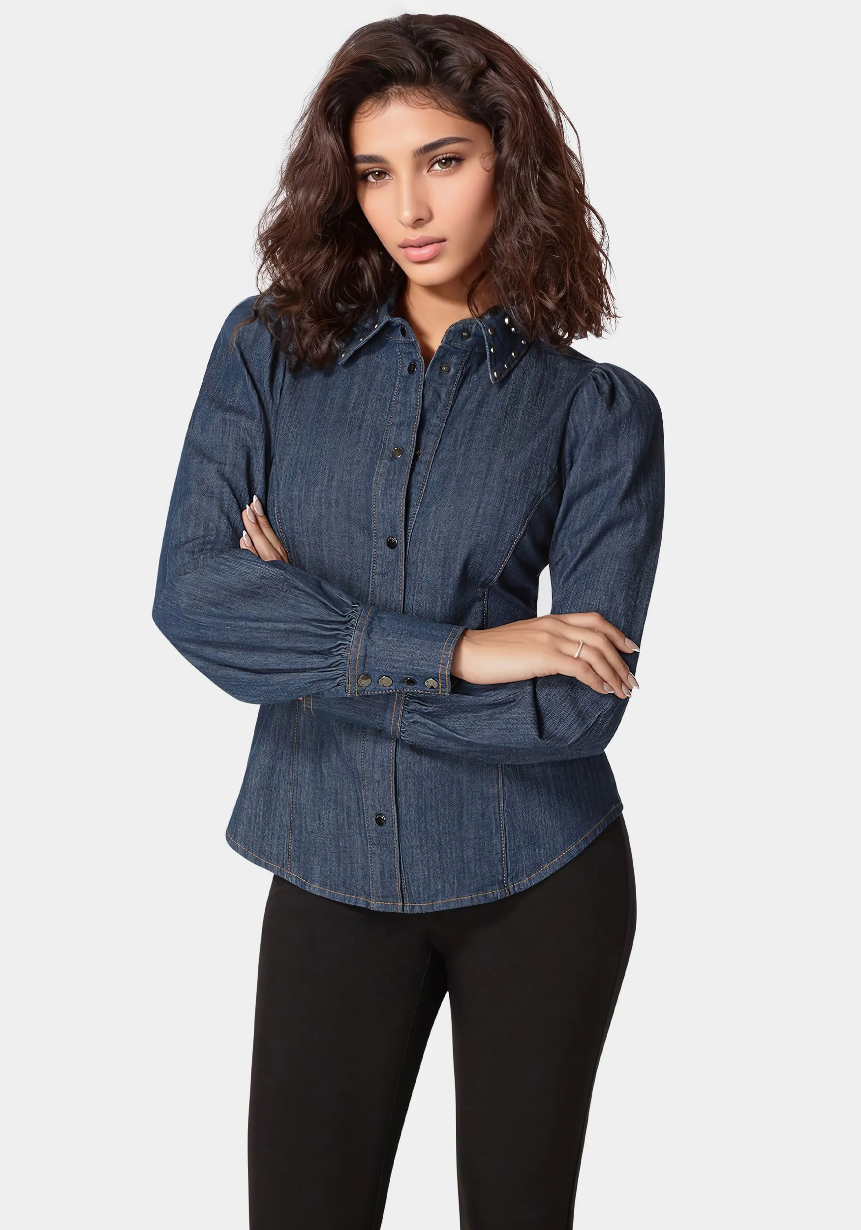 Button Front Studded Collar Denim Shirt sold by Bebe product image thumbnail 2