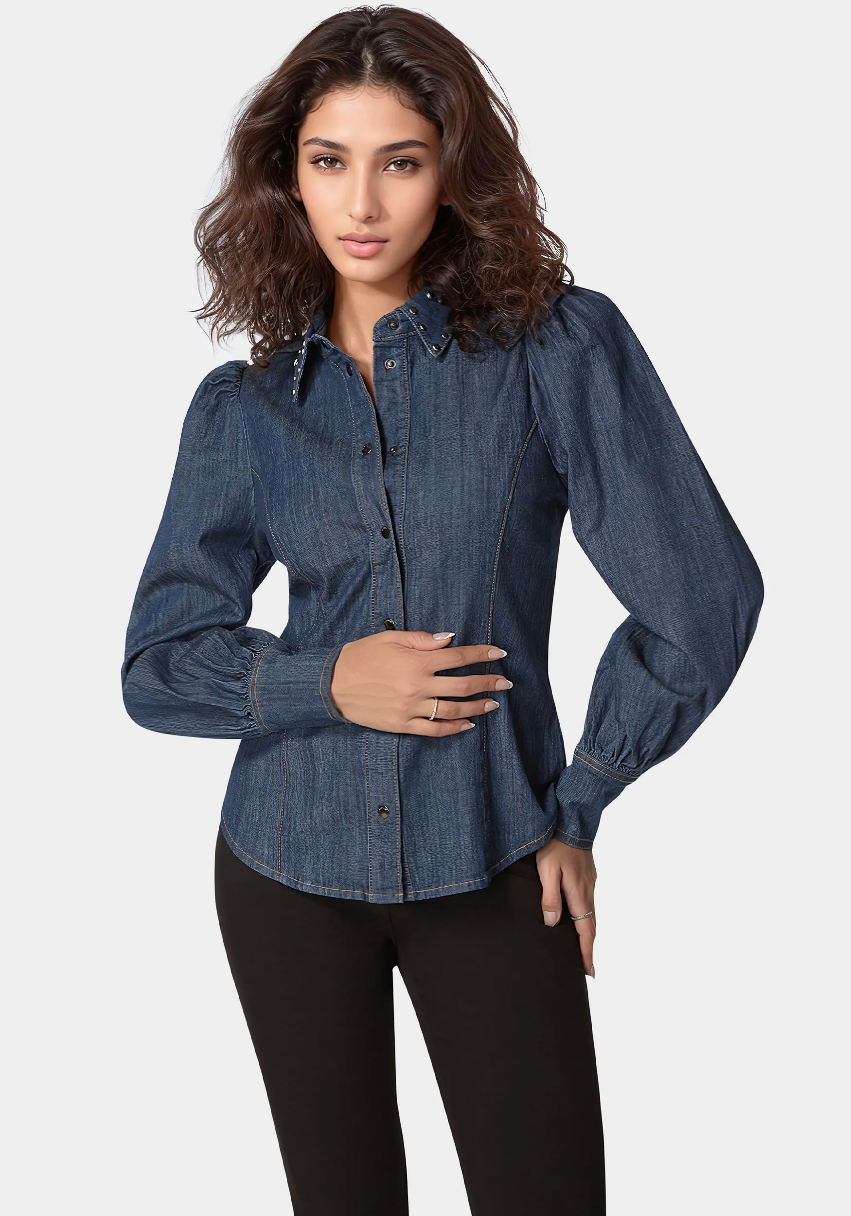 Button Front Studded Collar Denim Shirt sold by Bebe