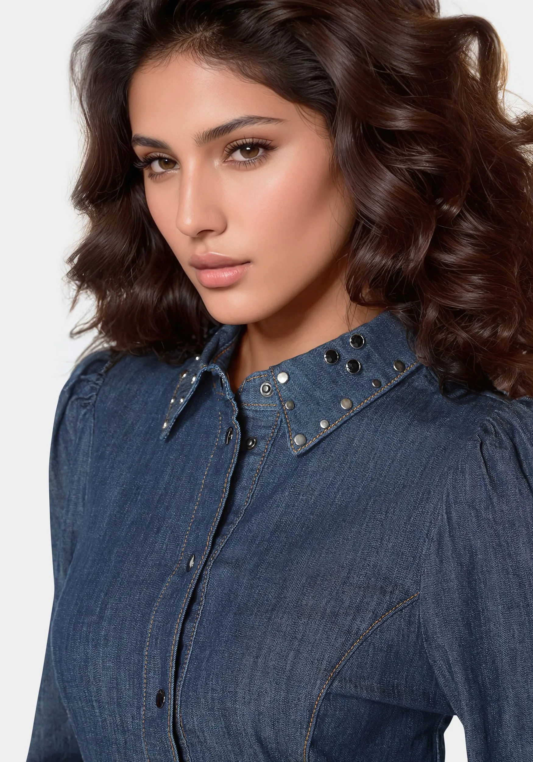 Button Front Studded Collar Denim Shirt sold by Bebe product image thumbnail 4