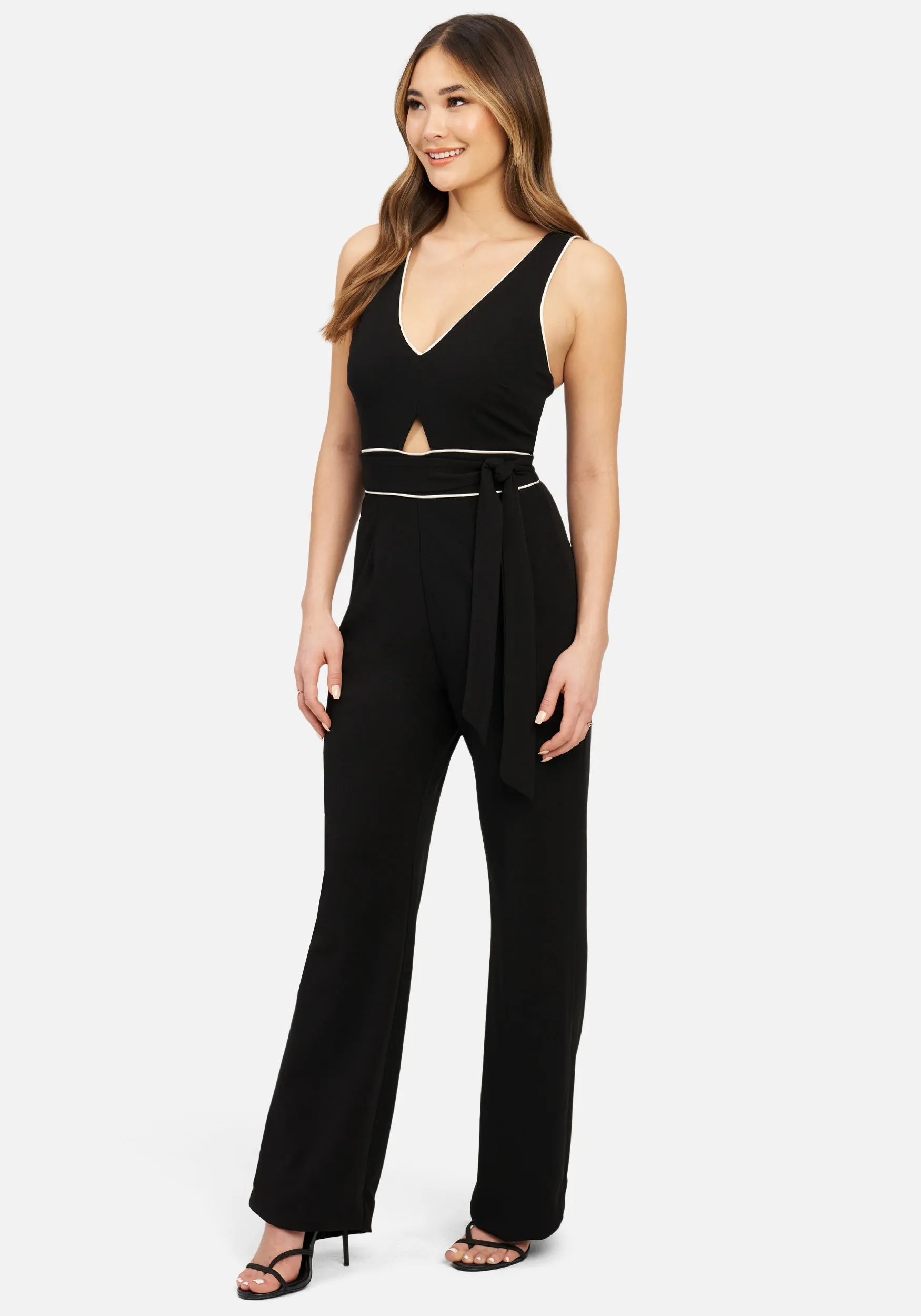 Knit Crepe Jumpsuit W/ Front Cutout & Contrast Piping sold by Bebe product image thumbnail 2