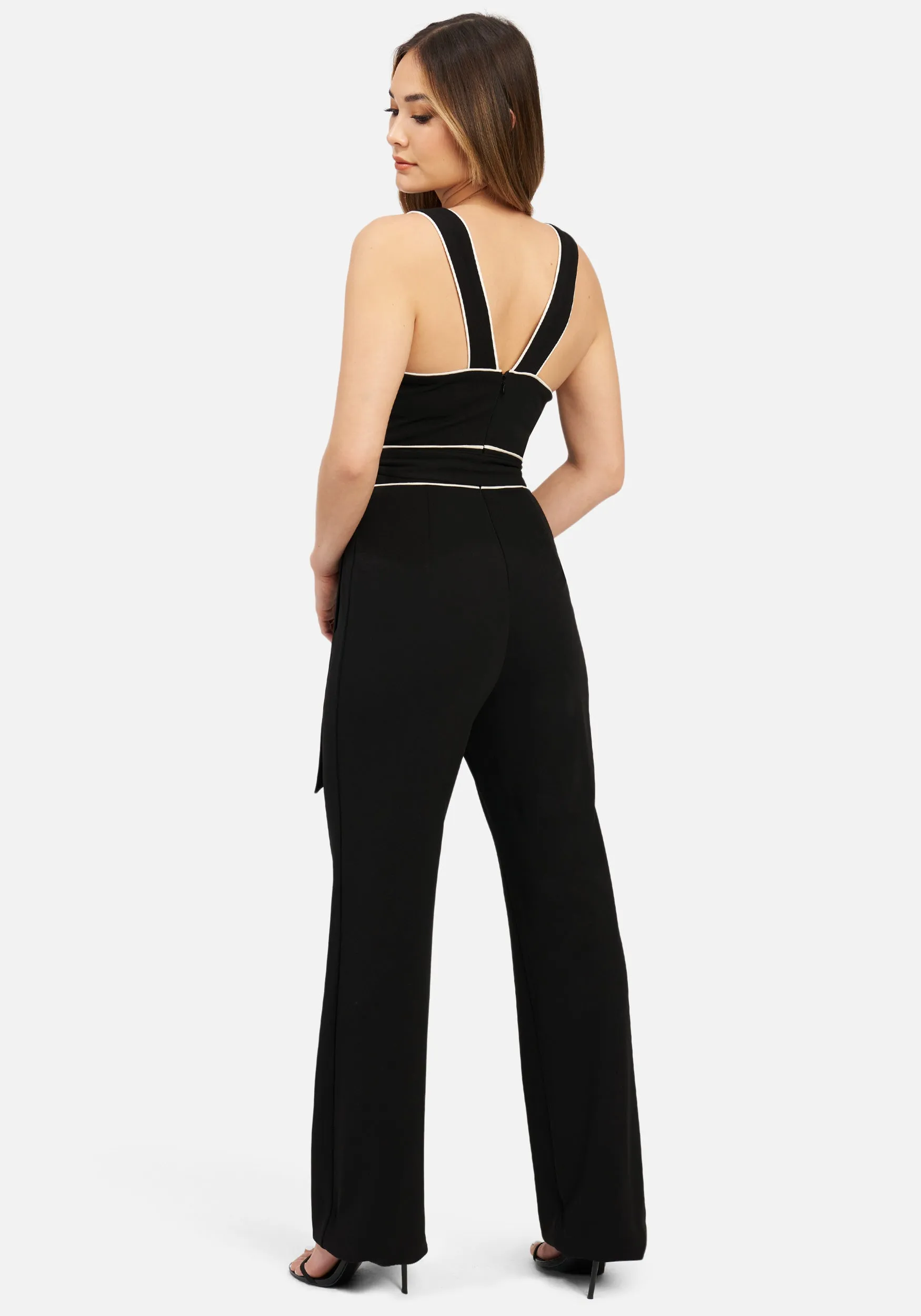 Knit Crepe Jumpsuit W/ Front Cutout & Contrast Piping sold by Bebe product image thumbnail 3