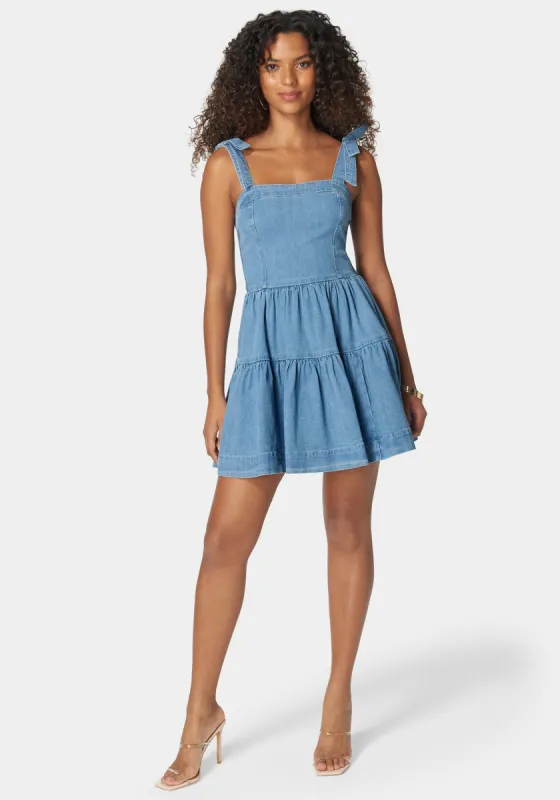 Bow Detail Fit And Flare Denim Dress sold by Bebe