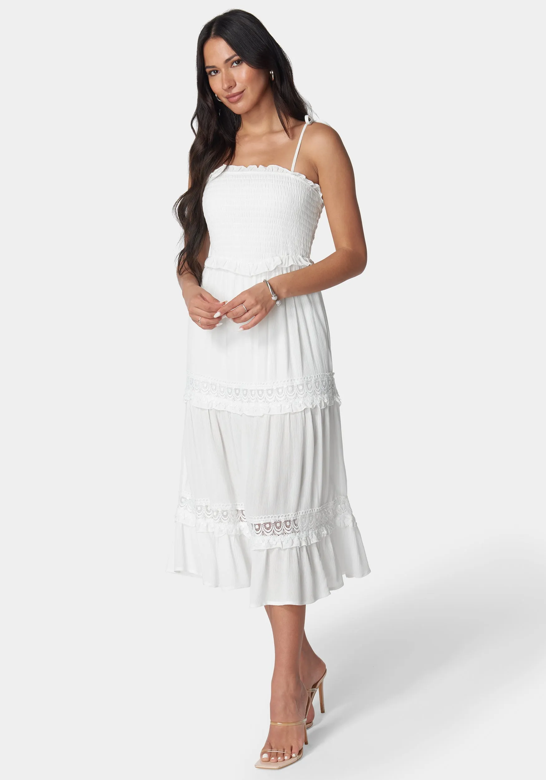 Lace Inset Smocked Midi Dress sold by Bebe product image thumbnail 2