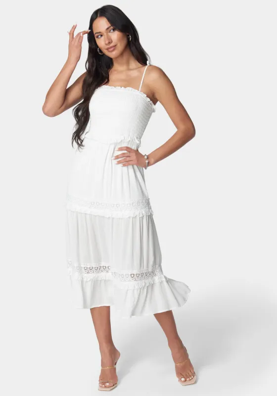Lace Inset Smocked Midi Dress sold by Bebe