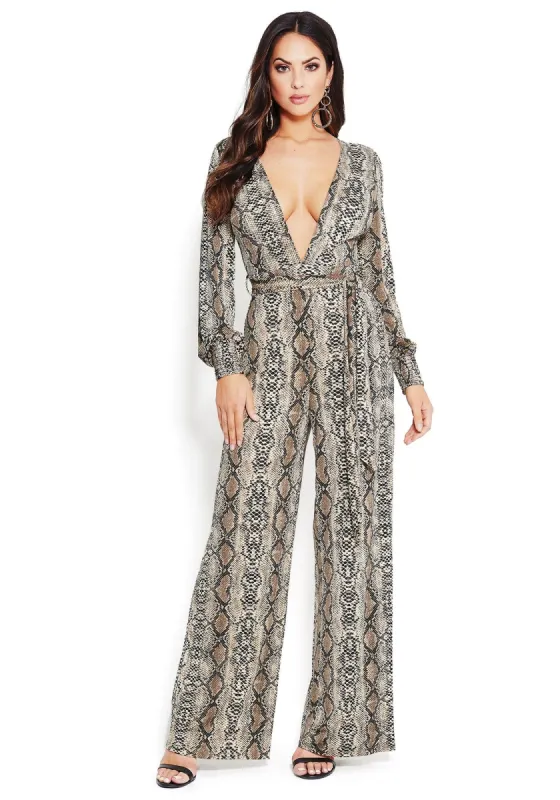 Snake Long Sleeve Plunge Jumpsuit sold by Bebe