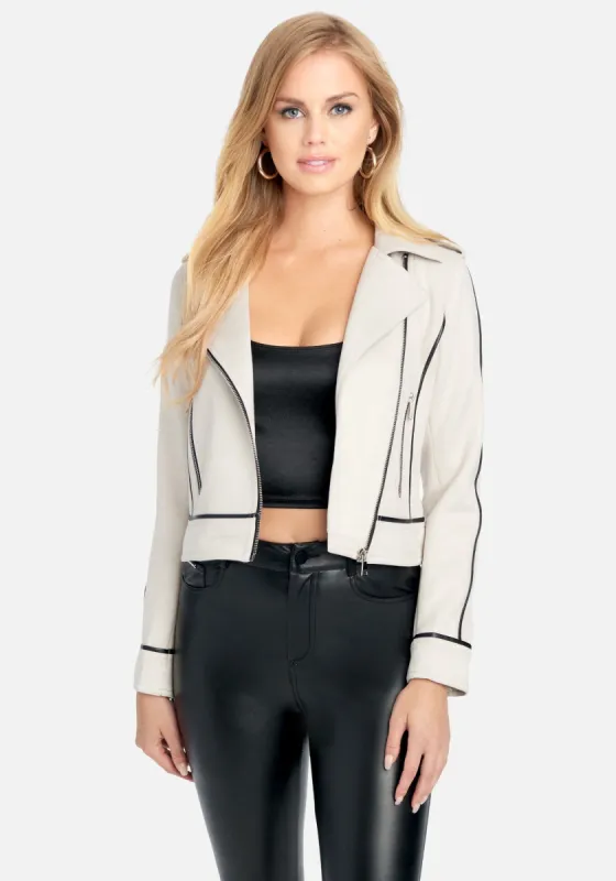 Vegan Suede Piping Detail Moto Jacket sold by Bebe