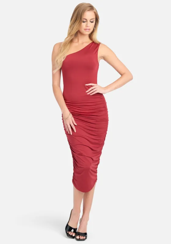 One Shoulder Solid Midi Dress sold by Bebe