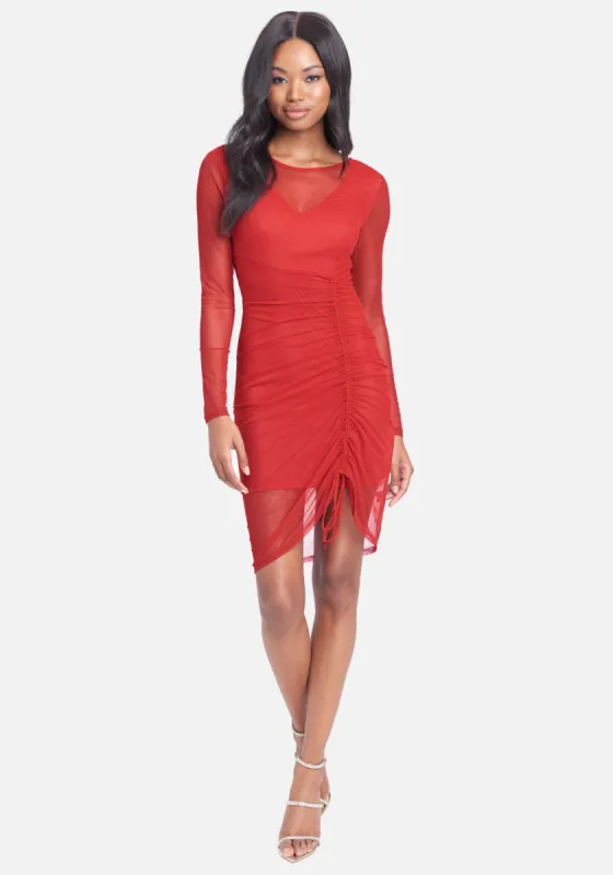 Long Sleeve Mesh Ruched Dress sold by Bebe