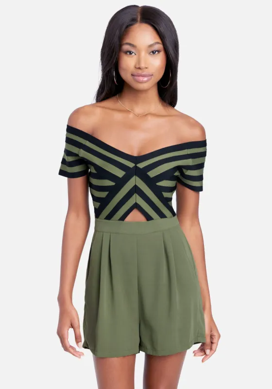Off The Shoulder Stripe Romper sold by Bebe