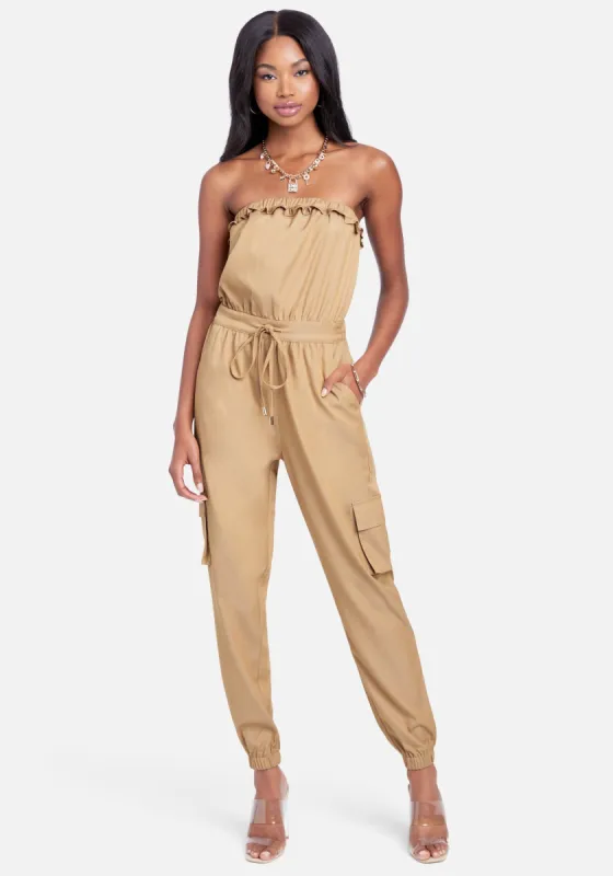 Strapless Cargo Pocket Jumpsuit sold by Bebe