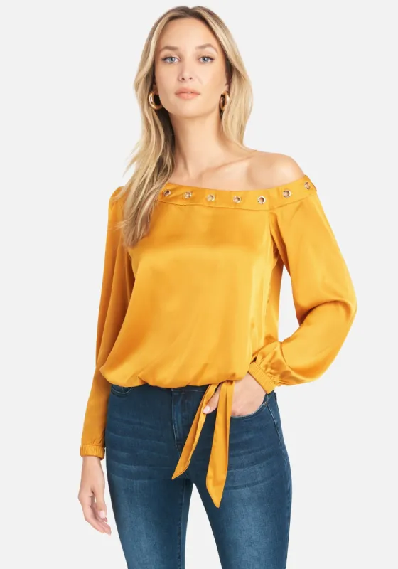 Off Shoulder Grommet Detail Satin Blouse sold by Bebe