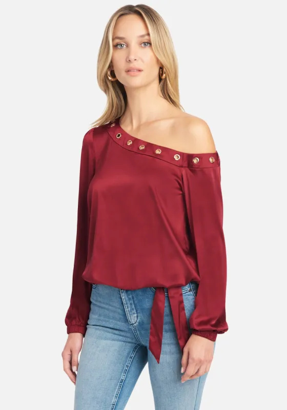 Off Shoulder Grommet Detail Satin Blouse sold by Bebe
