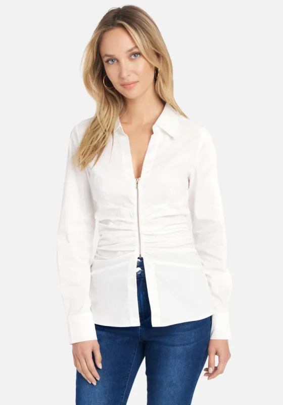 Ruched Waist Zip Up Poplin Blouse sold by Bebe