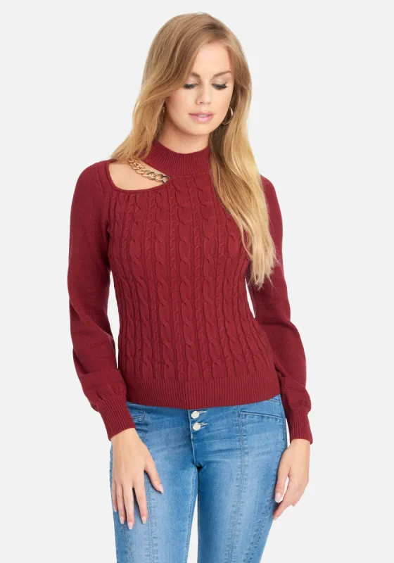 Chain Detail Mock Neck Cable Sweater sold by Bebe
