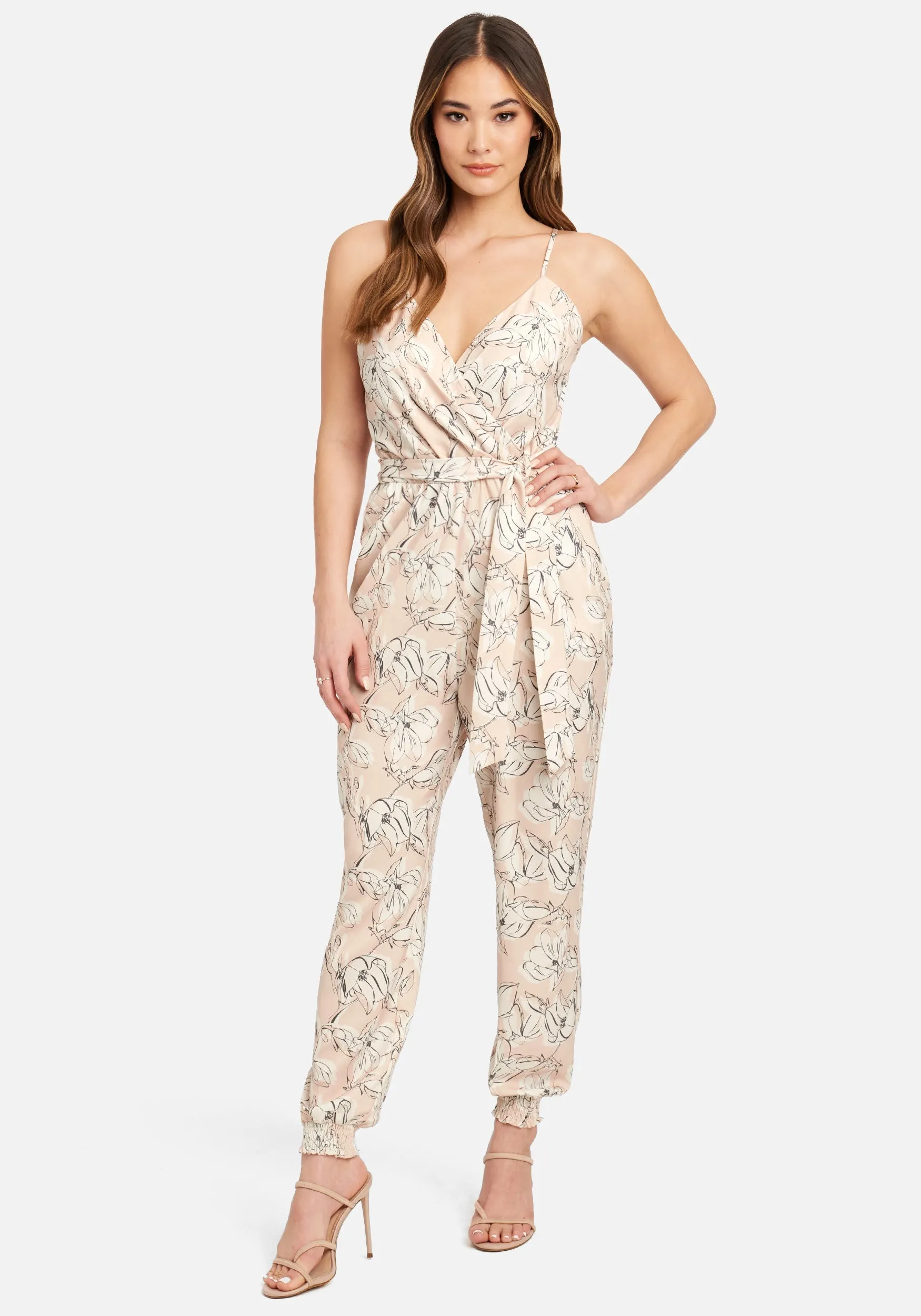 Printed Satin Wrap Top Jumpsuit sold by Bebe