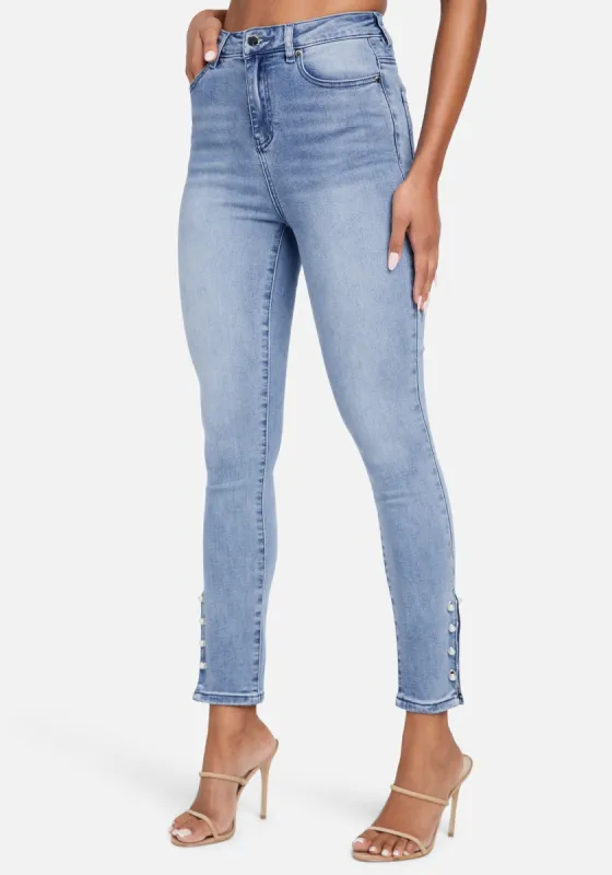 High Waist Skinny Pearl Detail Ankle Jean sold by Bebe
