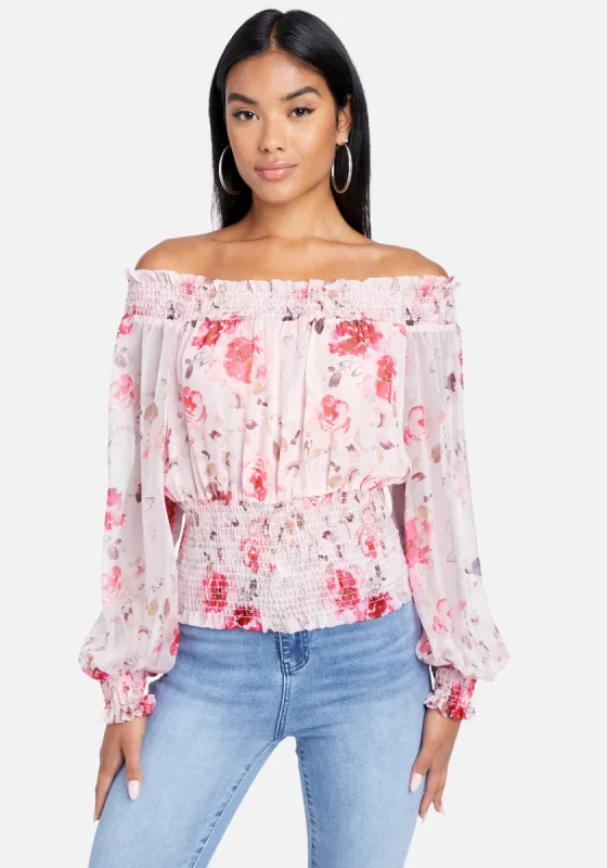 Off Shoulder Smocked Blouse sold by Bebe