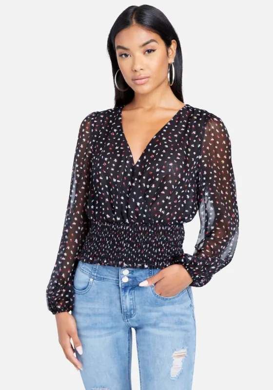 Long Sleeve Surplice Woven Top sold by Bebe