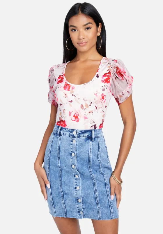 Floral Print Chiffon Sleeve Bodysuit sold by Bebe