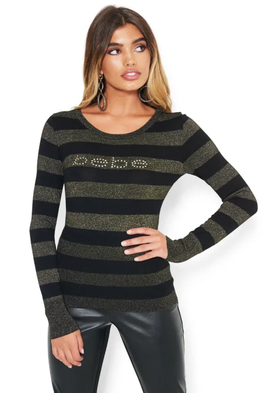 Logo Metallic Stripe Sweater sold by Bebe
