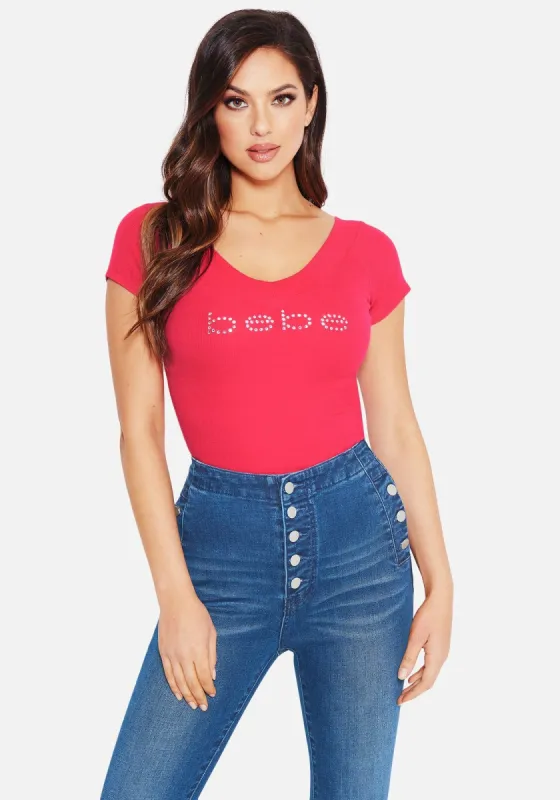 Crystal Logo Double V-Neck Short Sleeve Tee sold by Bebe