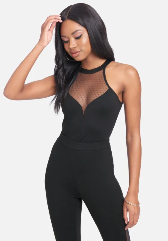 Swiss Dot Mesh Halter Bodysuit sold by Bebe