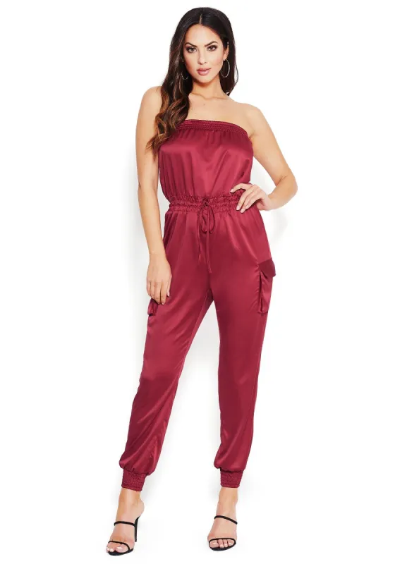 Strapless Satin Cargo Jumpsuit sold by Bebe