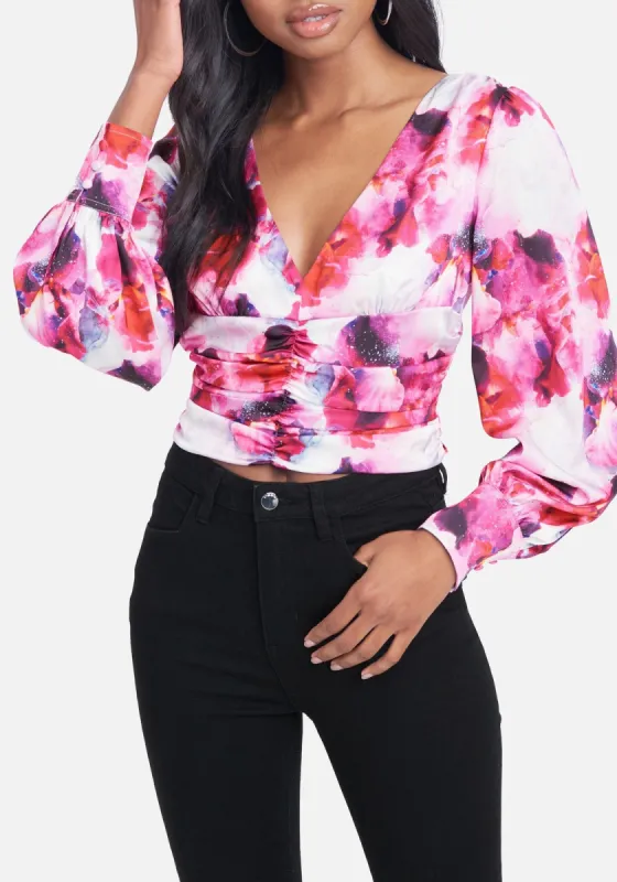 Printed Puff Sleeve Stretch Satin Top sold by Bebe