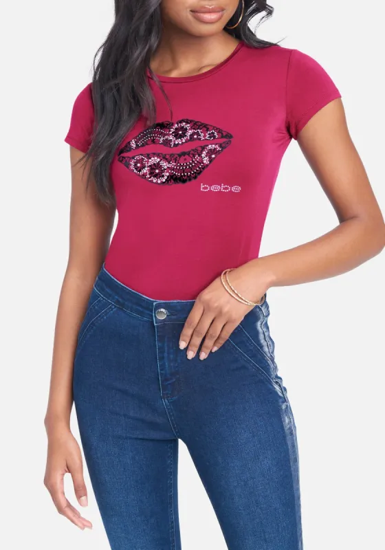Bebe Logo Rhinestone Lip Print Tee sold by Bebe