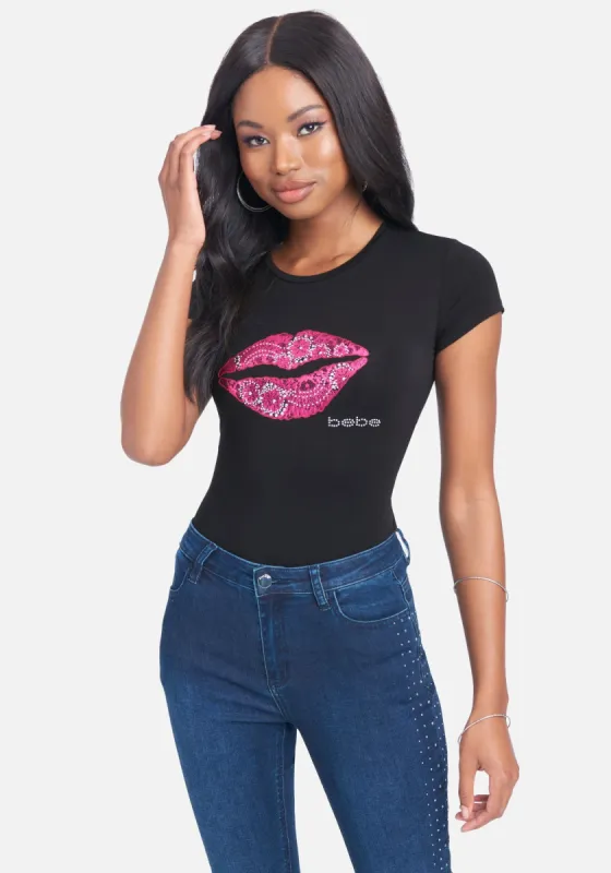 Bebe Logo Rhinestone Lip Print Tee sold by Bebe