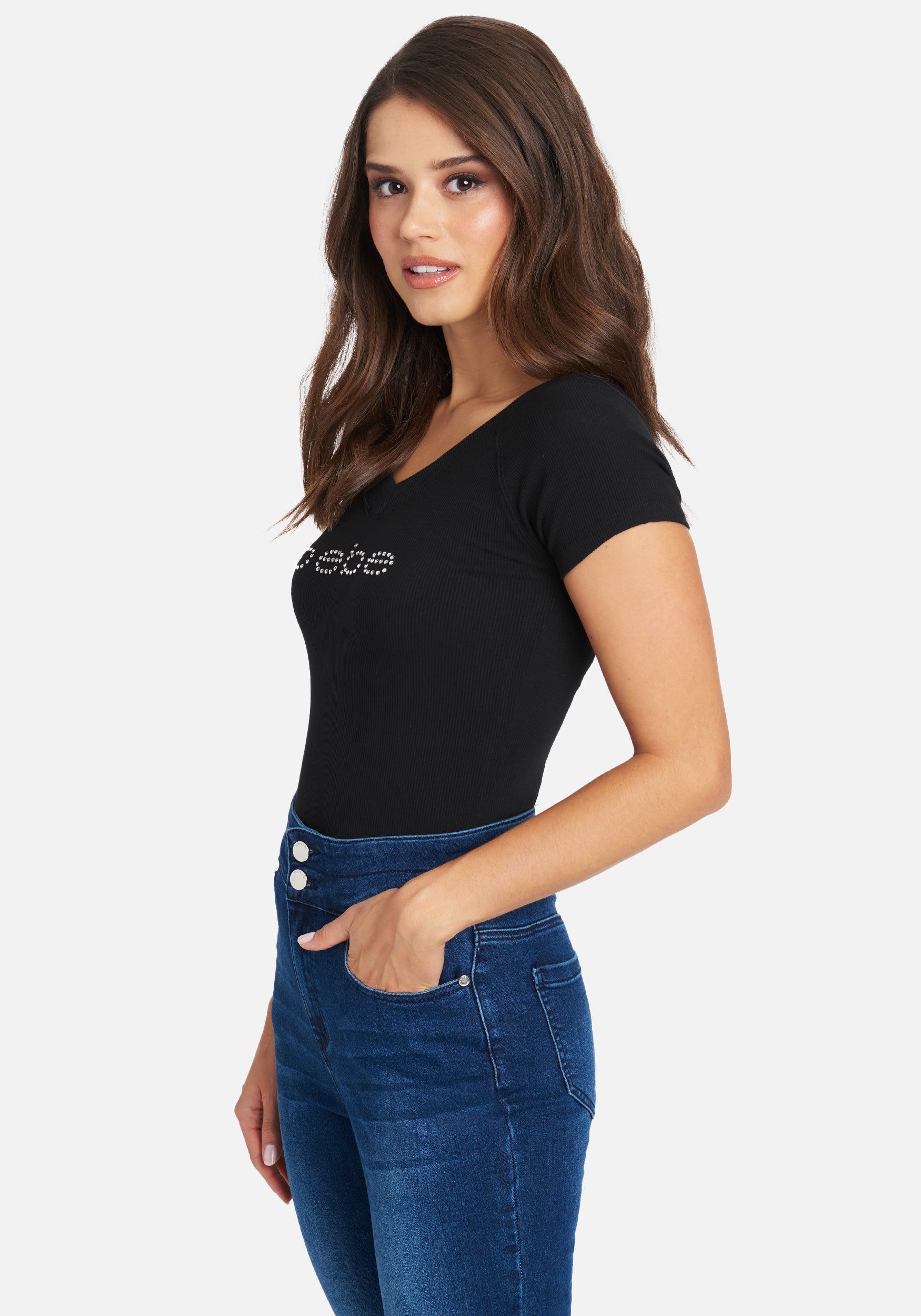 Crystal Logo Double V-Neck Short Sleeve Tee sold by Bebe product image thumbnail 2