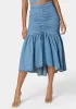 Ruched Drawcord Hi Lo Flared Hem Denim Skirt sold by Bebe