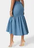 Ruched Drawcord Hi Lo Flared Hem Denim Skirt sold by Bebe
