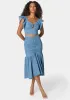Ruched Drawcord Hi Lo Flared Hem Denim Skirt sold by Bebe