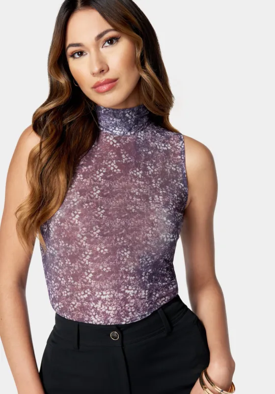 Printed Mock Neck Mesh Top sold by Bebe