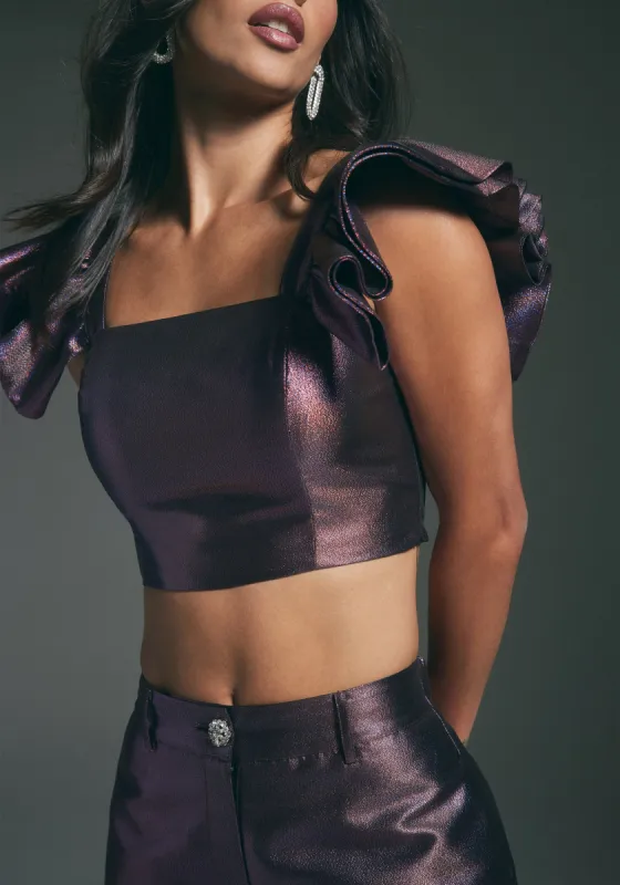 Ruffle Sleeve Iridescent Jacquard Top sold by Bebe