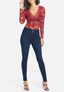 High Waisted Button Front Skinny Jeans sold by Bebe