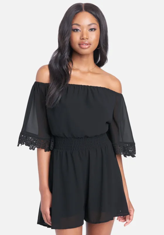 Off Shoulder Lace Detail Romper sold by Bebe