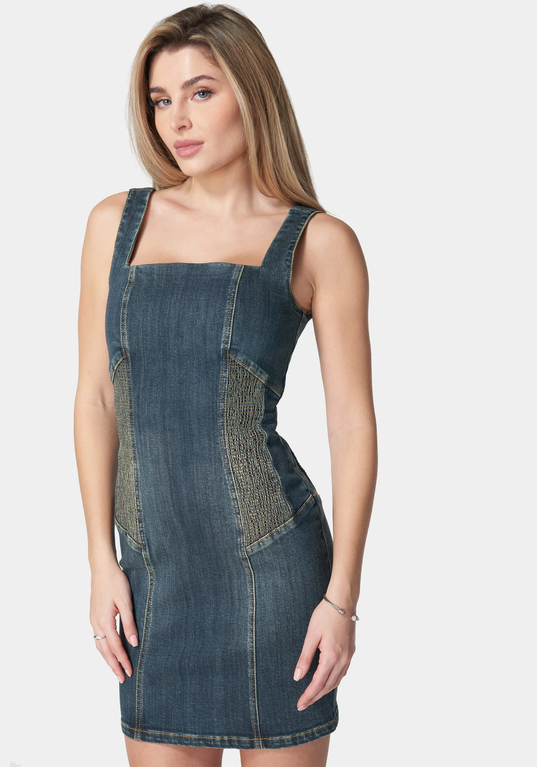 Square Neck Contour Ruching Fitted Denim Dress sold by Bebe product image thumbnail 2