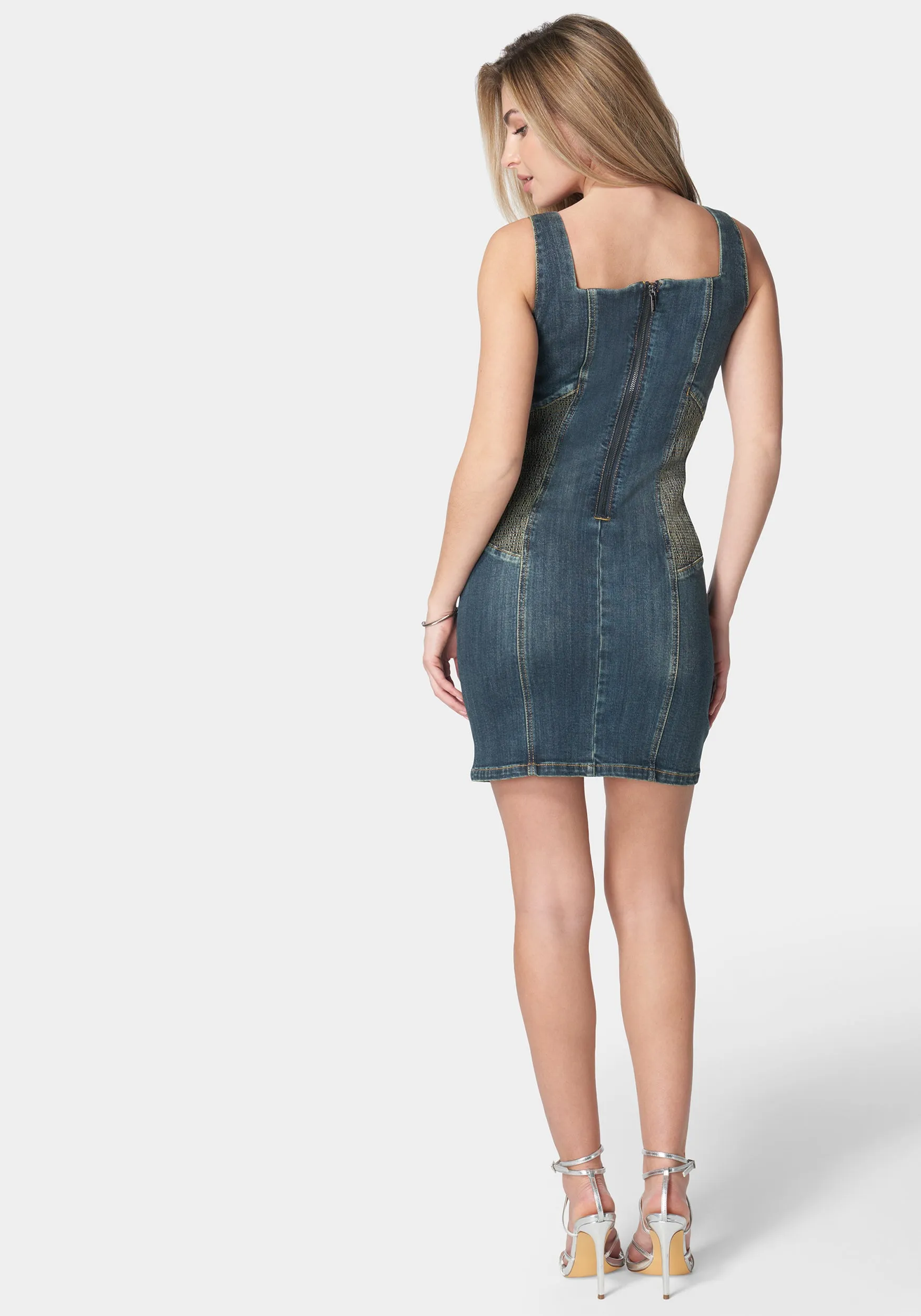 Square Neck Contour Ruching Fitted Denim Dress sold by Bebe product image thumbnail 3