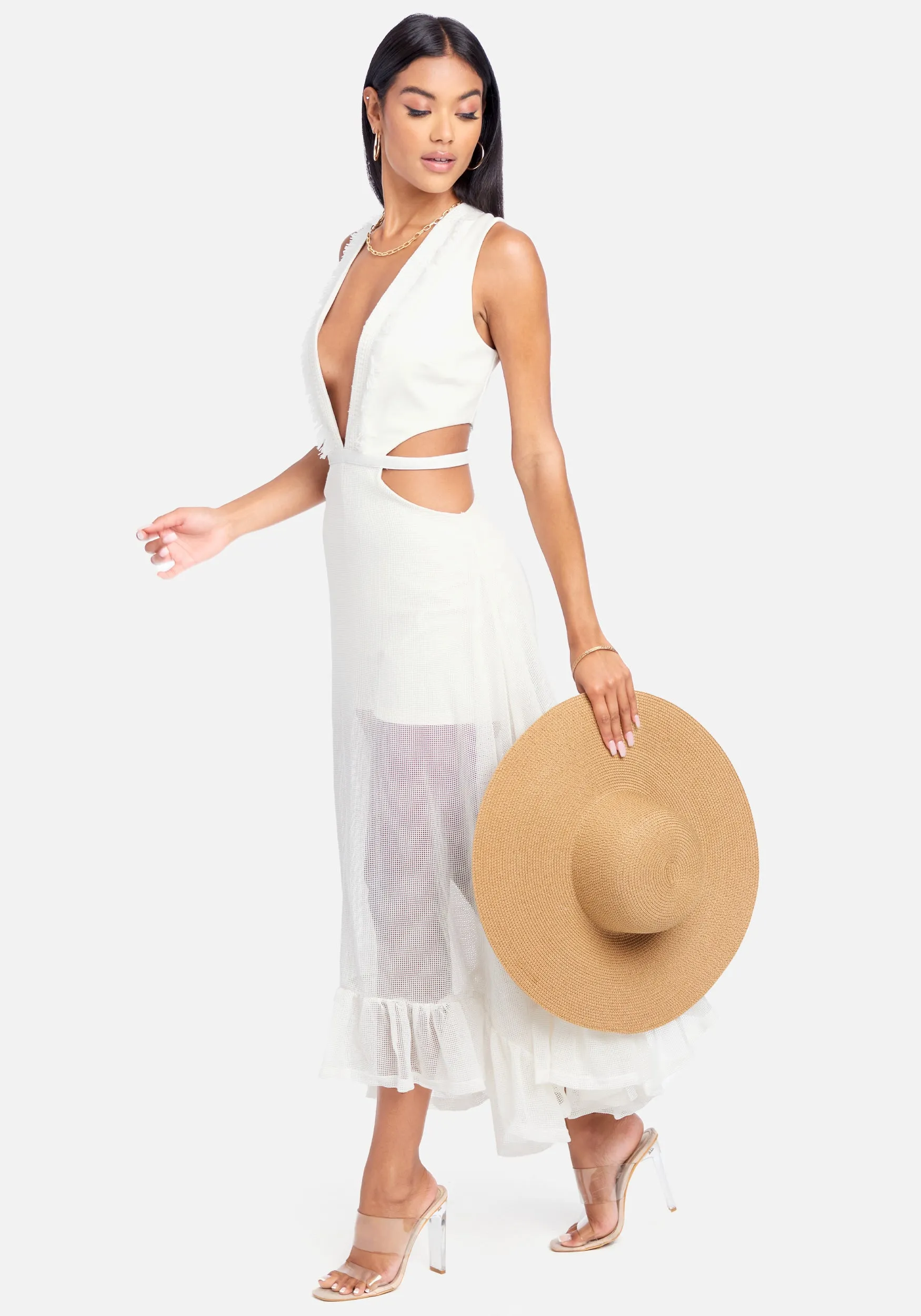 Fringe Mesh Plunge Maxi Gown sold by Bebe product image thumbnail 2