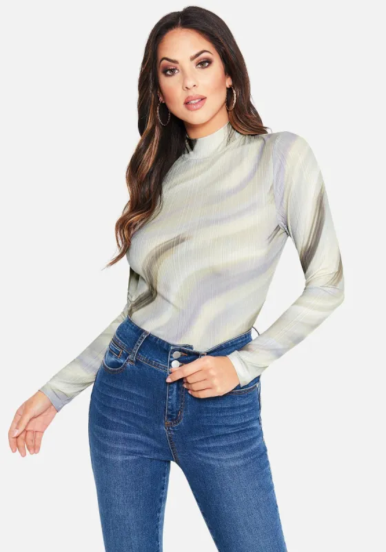 Printed Long Sleeve Mesh Party Top sold by Bebe