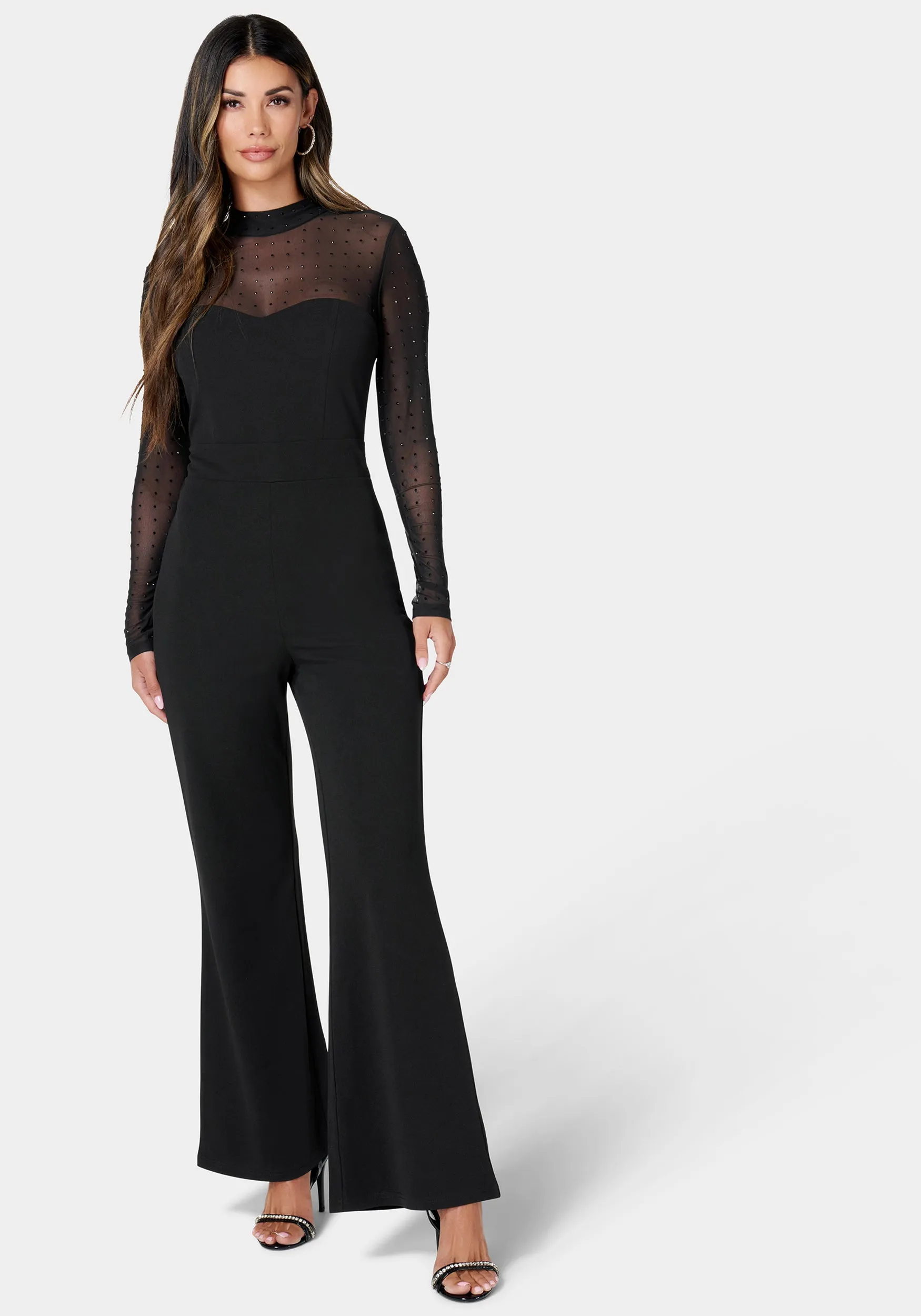 Sparkle Mesh Inset Jumpsuit sold by Bebe